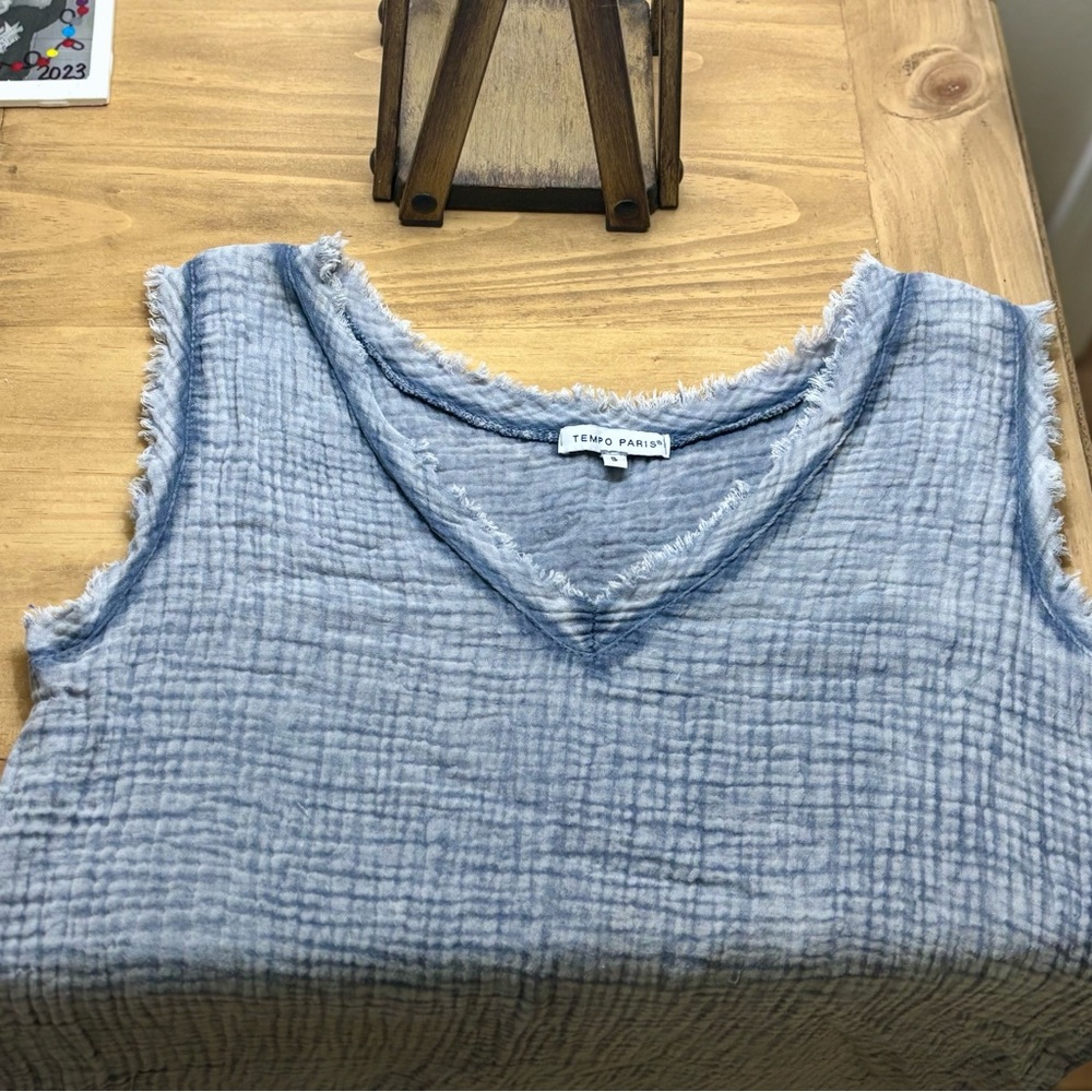 Tempo Paris Light Blue Frayed Sleeve Tank Size Small - Picture 3 of 7